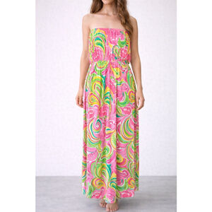 Lilly Pulitzer Marlisa All Nighter Print Slub Jersey Strapless Maxi Dress Sz L